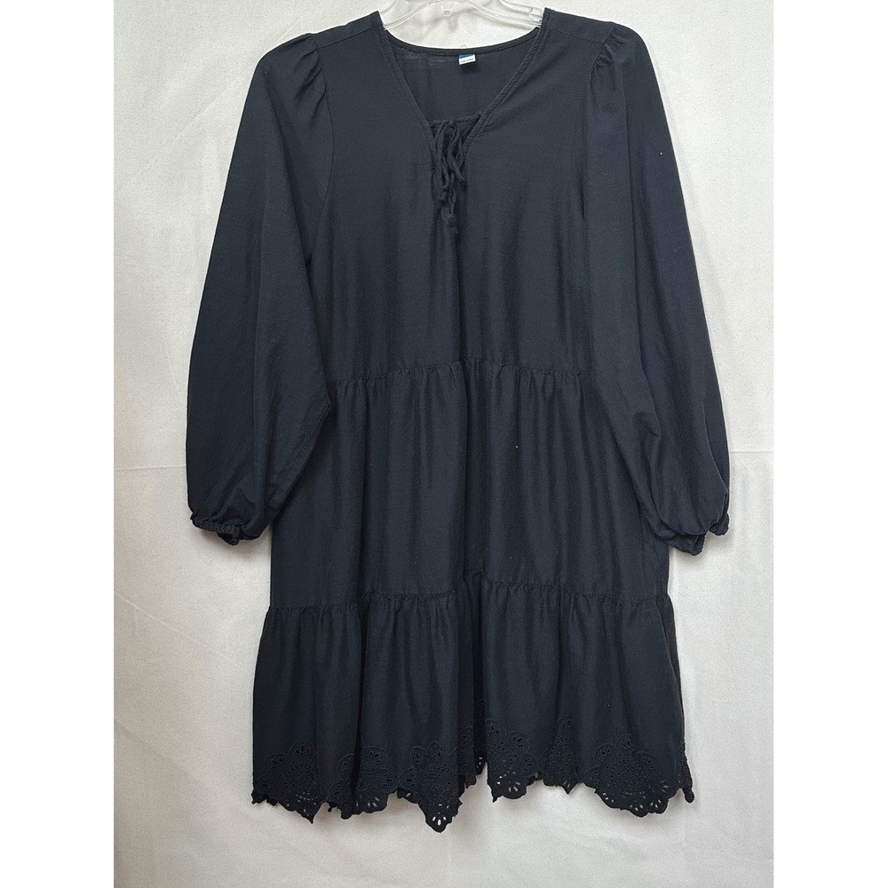 Old Navy Lace Up Tiered Black Jack Dress XXL Eyelet Hem Flowy Casual Countrycore